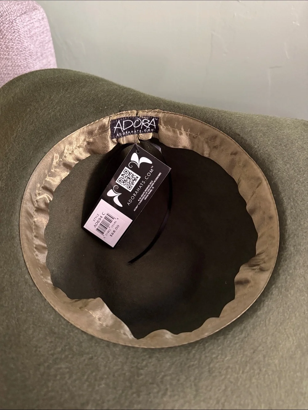 ADORA NWT 100% Wool Olive Brown Floppy Cowboy Hat with Braided Band